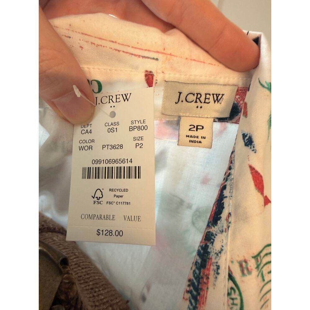 J.Crew Postcard Print Cotton Linen Sleeveless Shirt Dress BP800 White 2P NEW - Picture 4 of 6